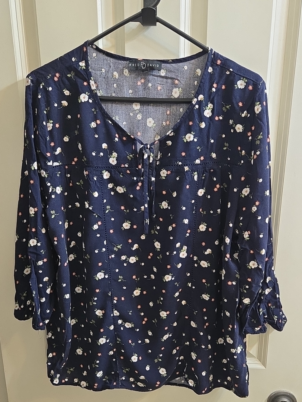 Fred David Navy Blue Floral Tie-Front Blouse